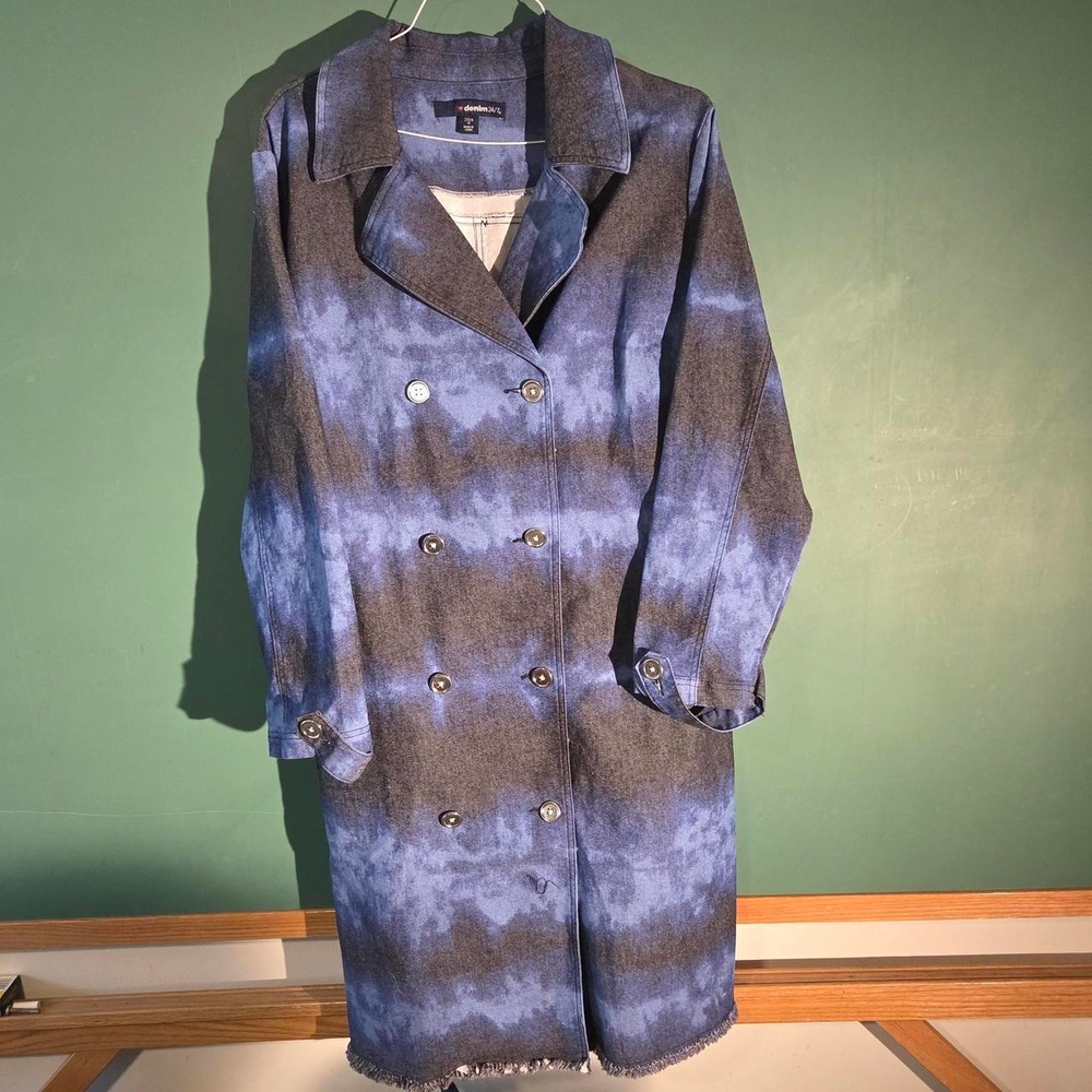 Denim 24/7 Blue Tie Dye Trench Coat with Belt Plus Size 1X Retro Outerwear
